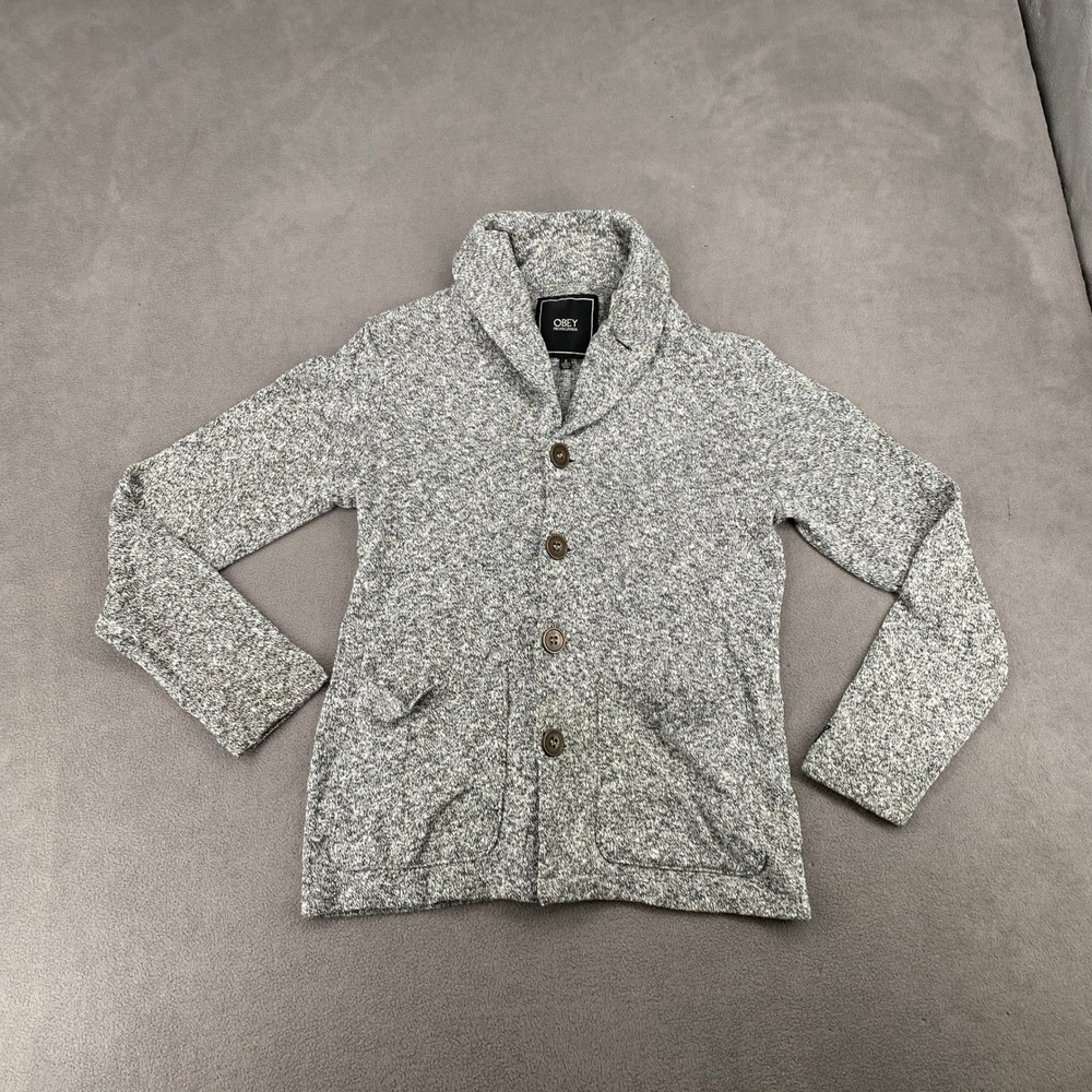 Obey Propaganda Mens Small Grey Marled Shawl Collar Button Cardigan Sweater Y2K